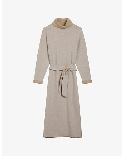 Ted Baker Roll-neck Belted Knitted Midi Dress - Natural