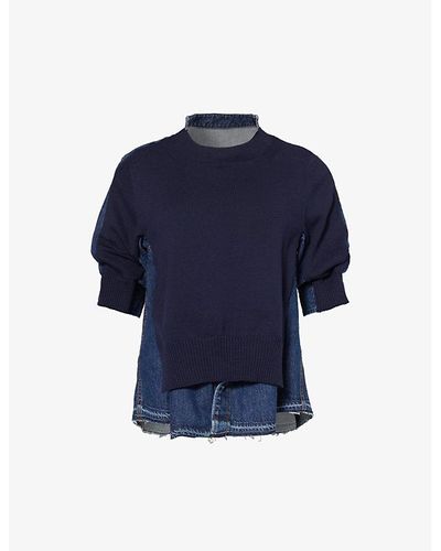 Sacai Raw-hem Denim And Knitted Relaxed-fit Top - Blue