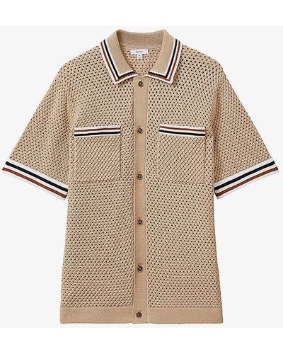 Reiss Coulson Contrast-trim Short-sleeve Crochet Stretch-cotton Shirt - Natural