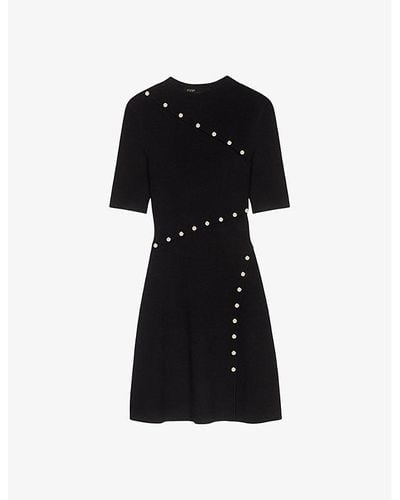 Maje Button-embellished Asymmetric-hem Stretch-knit Mini Dress - Black