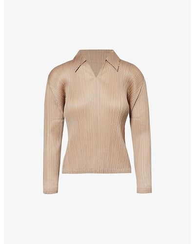 Pleats Please Issey Miyake October V-neck Pleated Knitted Shirt - Natural