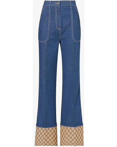 Gucci Monogram-cuff Flared Straight-leg High-rise Jeans - Blue