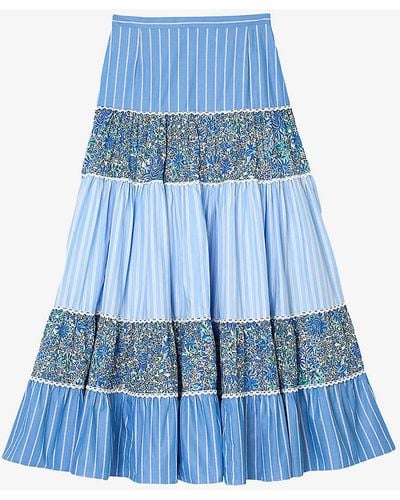 Sandro Patchwork Ruffled Cotton Maxi Skirt - Blue