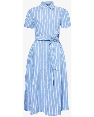 Polo Ralph Lauren Stripe-print Belted Linen Midi Dress - Blue