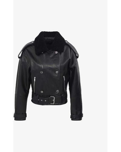 IKKS Contrast-collar Leather Jacket - Black