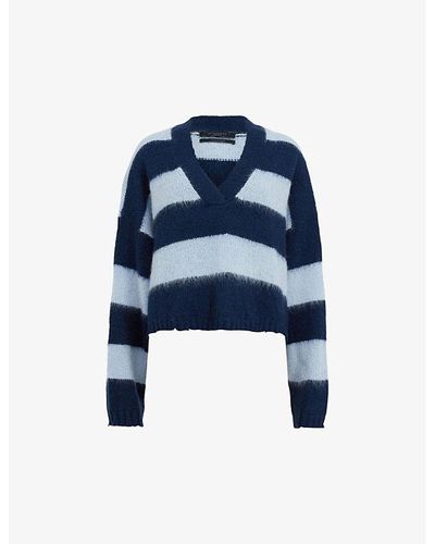 AllSaints Lou Striped Cropped Knitted Sweater - Blue