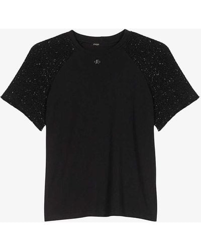Maje Contrast-sleeve Cotton T-shirt - Black