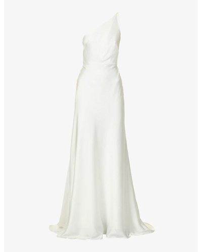 Jenny Yoo Marlene Asymmetric-neck Satin Maxi Dress - White