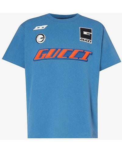 Gucci Brand-appliqué Crewneck Cotton-jersey T-shirt - Blue