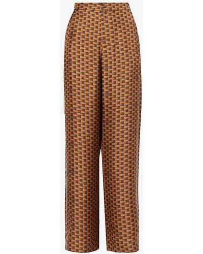 Bally Train-print Relaxed-fit Straight-leg High-rise Silk Trousers - Brown