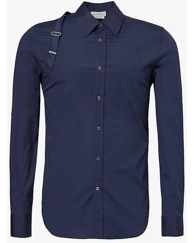 Alexander McQueen Harness-strap Tonal-panel Slim-fit Stretch-cotton Shirt - Blue