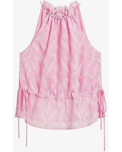 Ted Baker Ivieey Botanical-embroidered Halterneck Woven Top - Pink