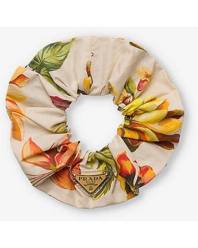 Prada Logo-plaque Floral-print Fabric Scrunchie - Metallic