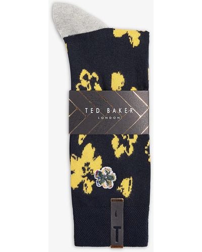 Ted Baker Flowtwo Floral-embroidered Stretch Cotton-blend Socks - Blue