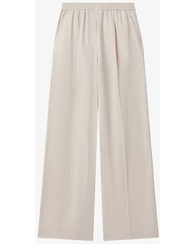 Reiss Vera Elasticated-waistband Wide-leg Mid-rise Linen-blend Trousers - White