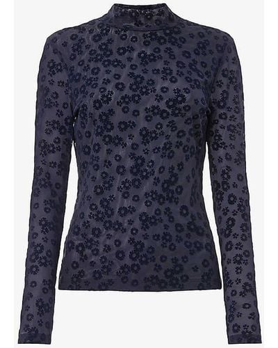 Whistles Floral-pattern High-neck Stretch-mesh Top - Blue
