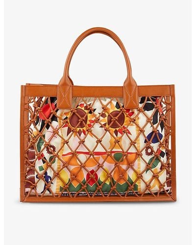 Sandro Kasbah Graphic-motif Cotton And Leather Tote - Orange