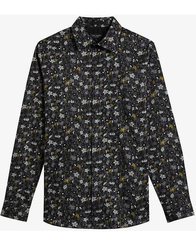Ted Baker Torted Floral-print Stretch-cotton Shirt - Black