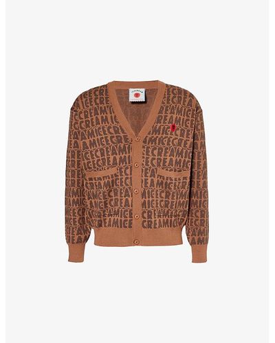 ICECREAM Text-print V-neck Cotton And Wool-blend Knitted Cardigan - Brown