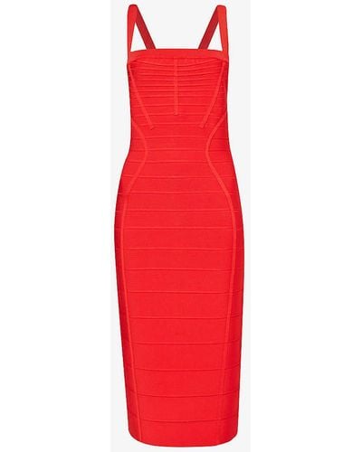 Hervé Léger Bandage Panelled Fitted Stretch-knit Midi Dres - Red