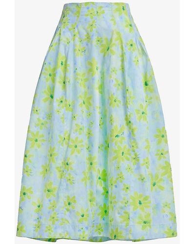 Marni Floral-print Flared-hem Cotton Midi Skirt - Green