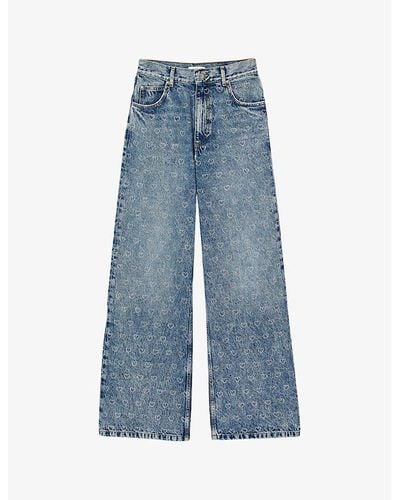 Sandro Heart-print Wide-leg Mid-rise Denim Jeans - Blue