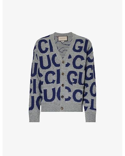 Gucci Logo-intarsia Relaxed-fit Wool-knit Cardigan - Blue