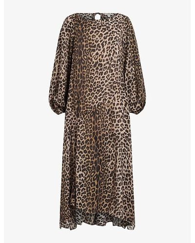 AllSaints Jane Leopard-print Split-sleeve Woven Midi Dress - Brown