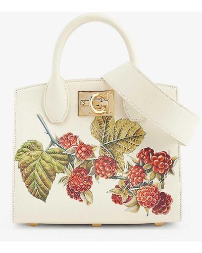Ferragamo Studio Box Berry-print Leather Top-handle Bag - White