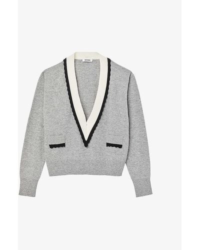 Sandro Contrast-neck Wool And Cashmere-blend Jumper - Grey