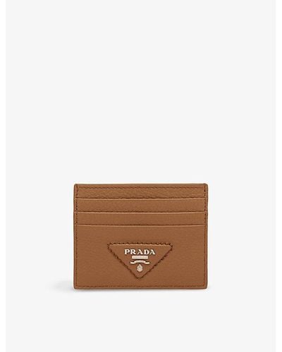 Prada Brand-plaque Grained-leather Card Holder - Brown