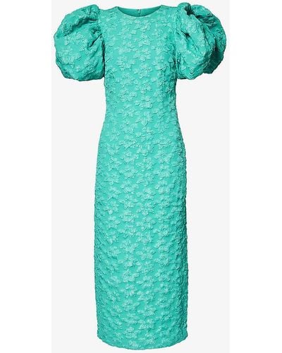 ROTATE BIRGER CHRISTENSEN Puffed-sleeve Textured Jacquard Midi Dress - Green