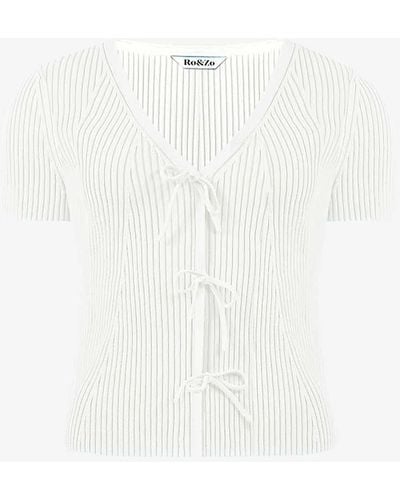 Ro&zo Tie-front Short-sleeved Rib-knit Top - White