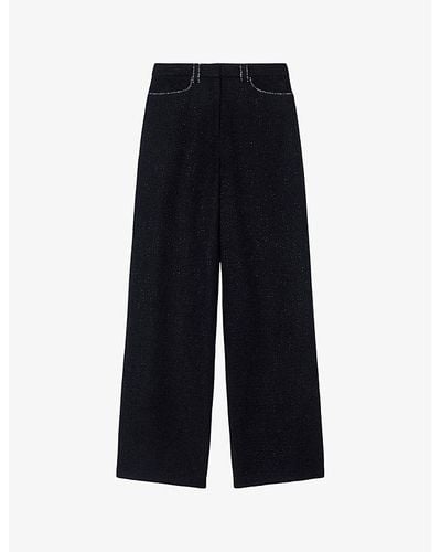 Maje Contrast-stitch Wide-leg Mid-rise Tweed Pants - Blue