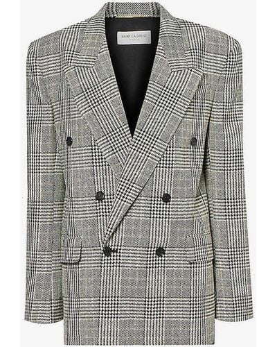 Saint Laurent Padded-shoulder Double-breasted Checked Wool Blazer - Grey