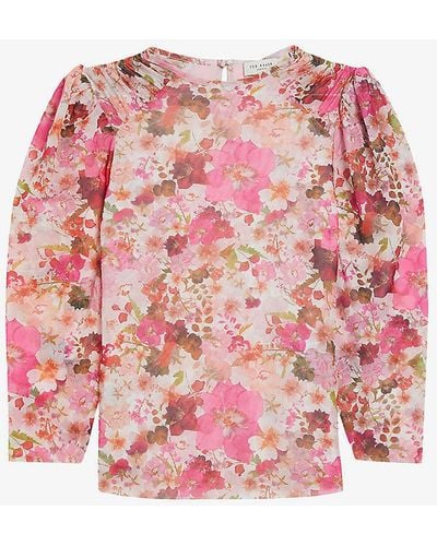 Ted Baker Pressed Flower-print Puff-sleeve Stretch-mesh Top - Pink