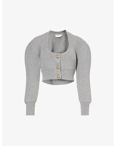Alexander McQueen Scoop-neck Cropped Wool And Cashmere-blend Knitted Cardigan - Gray