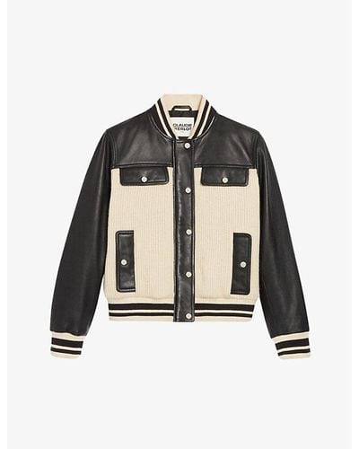 Claudie Pierlot Contrast Paneled Leather And Knit Bomber Jacket - Black