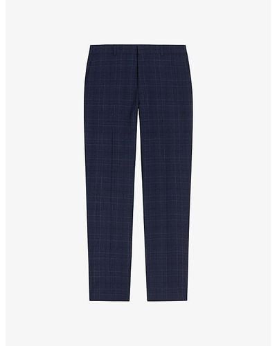 Ted Baker Check Regular-fit Straight-leg Stretch Wool-blend Pants - Blue