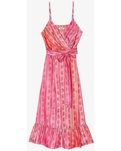 Sandro Paisley-print Tie-waist Woven Midi Dress - Pink