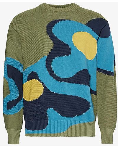 PS by Paul Smith Flowers Abstract-intarsia Organic-cotton Jumper - Blue