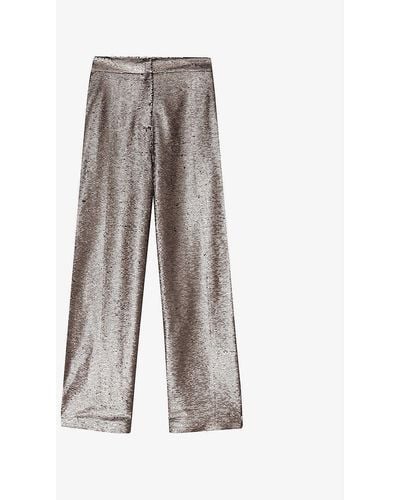 By Malina Livia High-rise Wide-leg Metallic Woven Pants - Grey