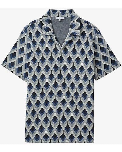 Reiss Beech Diamond-jacquard Slim-fit Stretch-cotton Shirt - Blue
