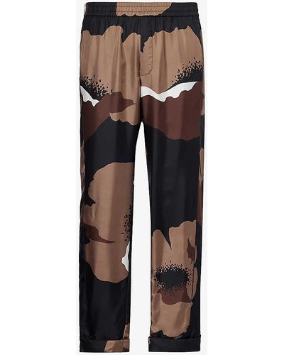 Valentino Floral-print Relaxed-fit Silk Trousers - Grey