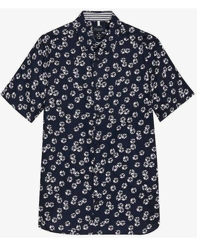 Ted Baker Alfanso Floral-print Slim-fit Stretch-cotton Shirt - Blue