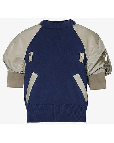 Sacai Puffed-sleeve Cotton-blend Knitted Top - Blue