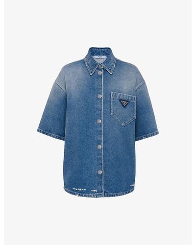 Prada Brand-plaque Relaxed-fit Denim Shirt - Blue