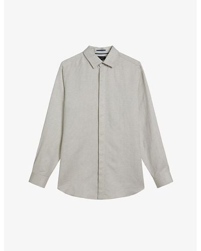 Ted Baker Jasperr Regular-fit Long-sleeve Linen-blend Shirt - Grey