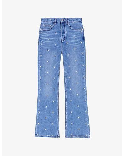 Maje Embroidered Sun Flared-leg High-rise Stretch-denim Jeans - Blue