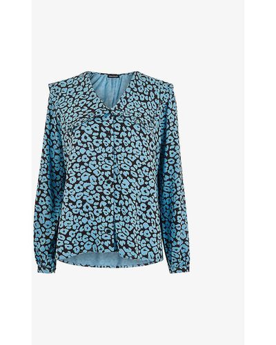 Whistles Fuzzy Leopard-print Oversized-collar Woven Top - Blue